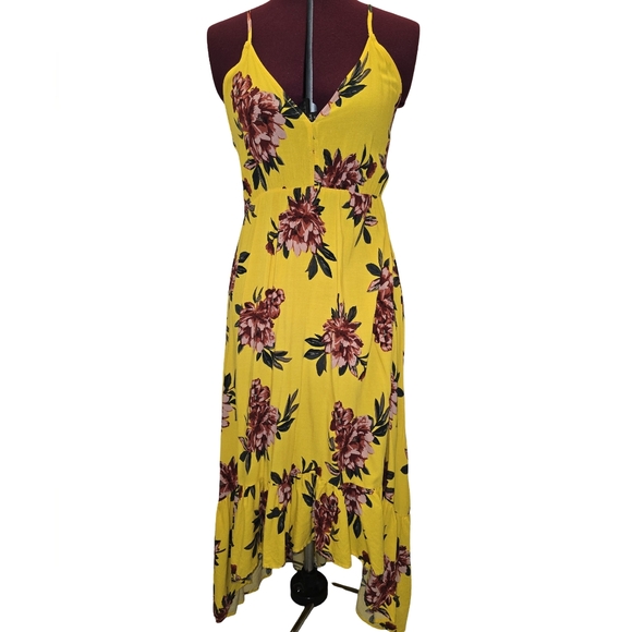 Pacific Vibes Floral Yellow Pink Hi-Lo Maxi Dress Size L Boho Feminine Beachy - Picture 13 of 13